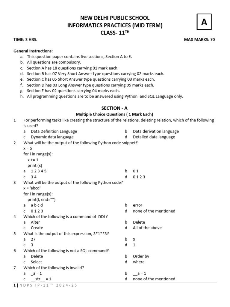 Class 11 Informatics Practices Exam Paper | PDF | Relational Database ...