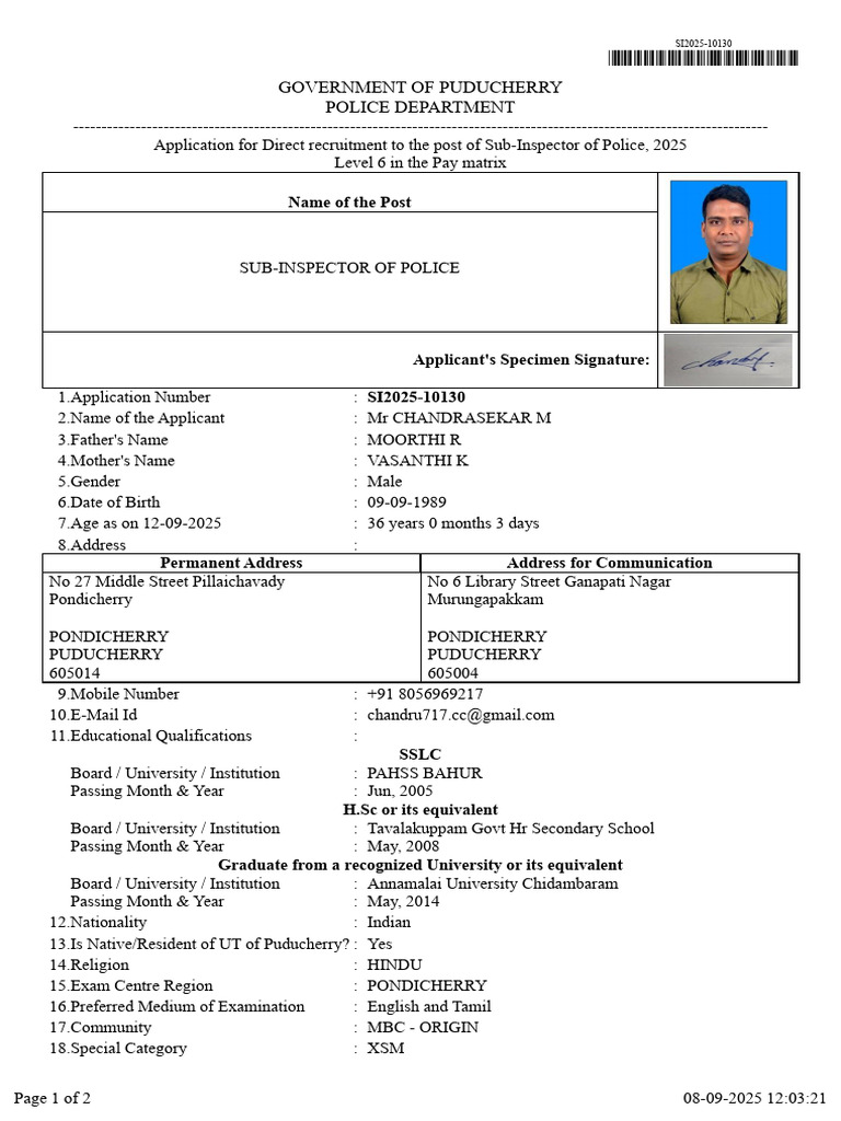 Puducherry SI Recruitment Application 2025 | PDF | Justice | Crime ...