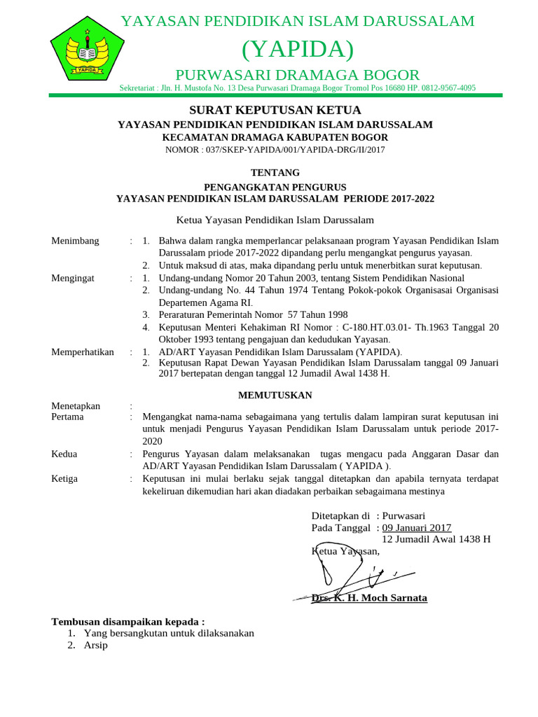 Pengangkatan Pengurus YAPIDA 2017-2022 | PDF