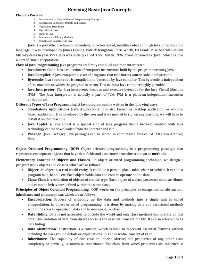 Revising Basic Java Concepts: Chapters Covered | PDF | Class (Computer ...