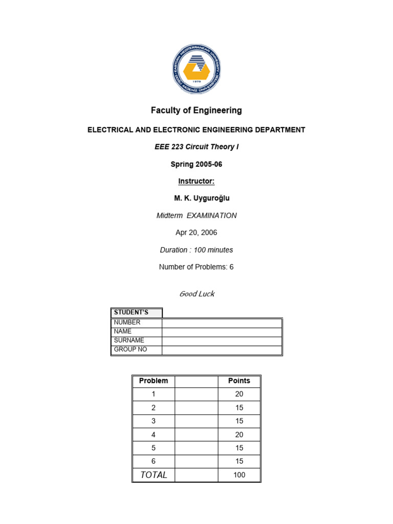 EEE 223 Circuit Theory I Midterm Exam | PDF | Network Analysis ...
