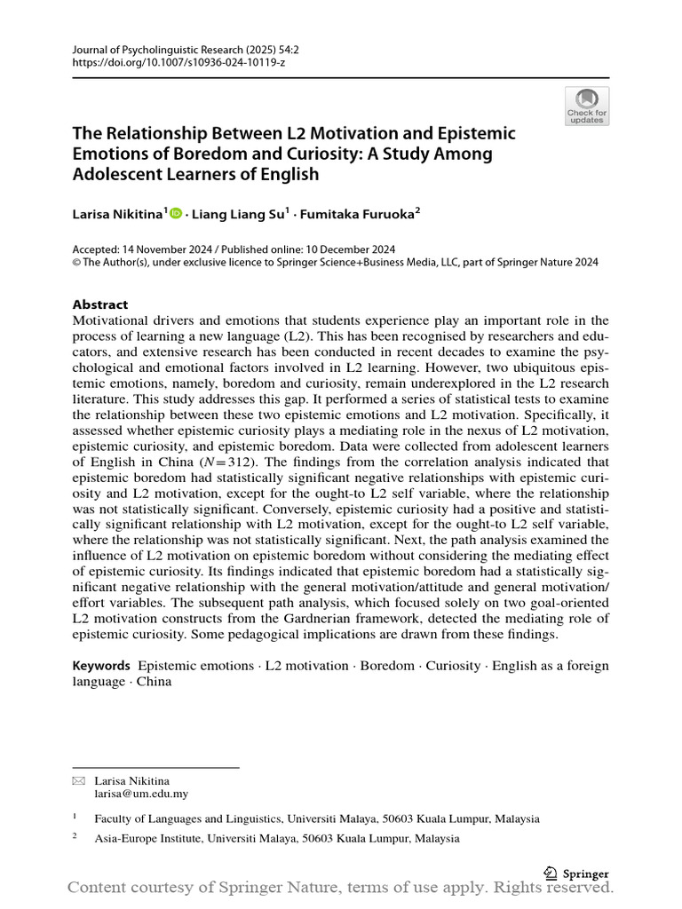 L2 Motivation and Epistemic Emotions Study | PDF | Curiosity | Second ...
