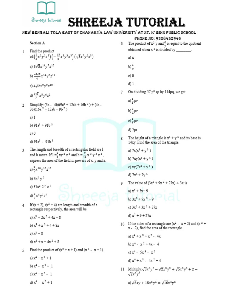 Class 8 Multiplication Exercises | PDF | Multiplication | Area
