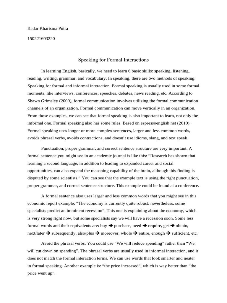 Academic Essay - Speaking For Formal | PDF | English Language | Linguistics