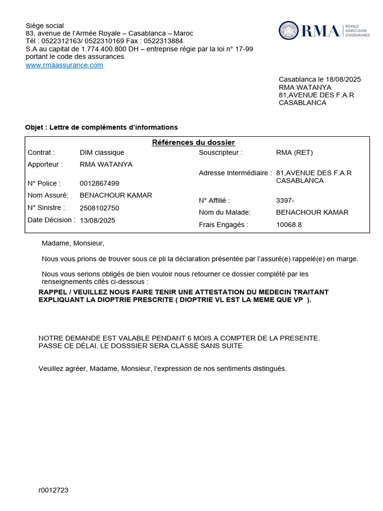 Demande de compléments d'informations RMA | PDF