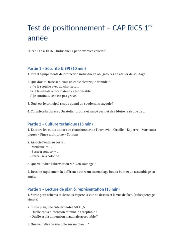 Test de positionnement CAP RICS 1ʳᵉ année | PDF