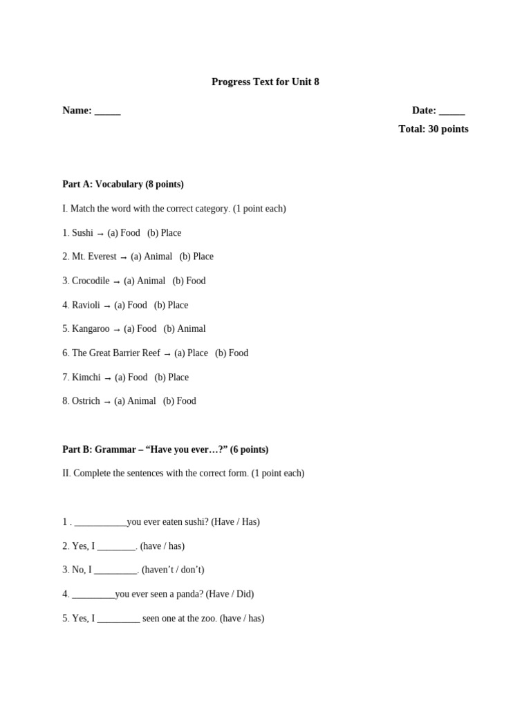 Unit 8 Progress Text: Vocabulary & Grammar | PDF | Chess | Chess Theory