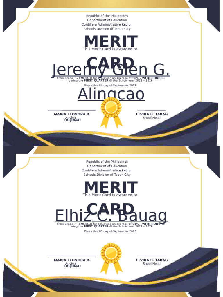 Grade 7 Emerald & Jade Merit Cards 2025 | PDF