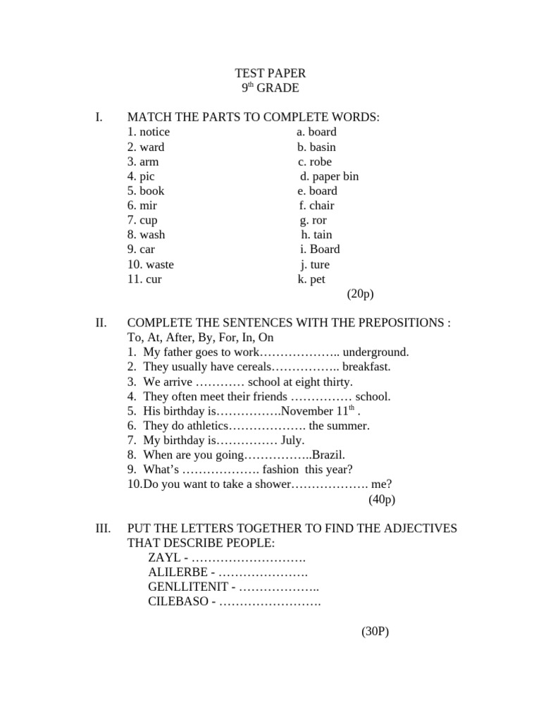 9th to 12th Grade English Test Papers | PDF | Verb | Linguistic Typology