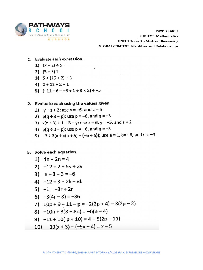 Algebraic Expressions & Equations MYP2 | PDF