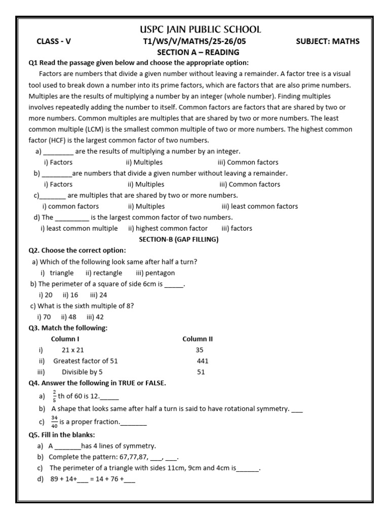 Resource 20250825145412 Class-V Maths Worksheet-05 | PDF | Discrete ...
