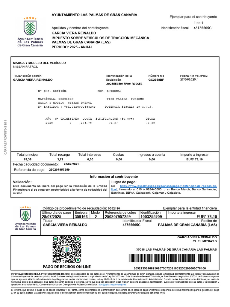 IVTM Las Palmas 2025: Recibo Contribuyente | PDF