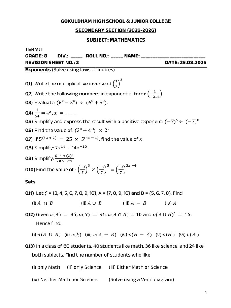 Grade 8 Math Revision Sheet 2025-2026 | PDF | Compound Interest | Area