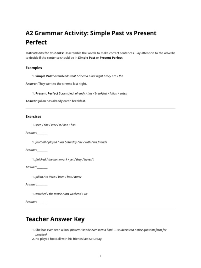 A2 Past Present Perfect Activity | PDF