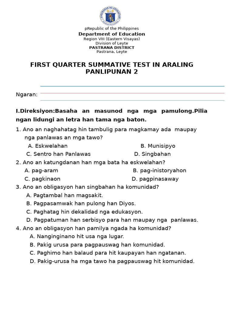 First Quarter Summative Test in Araling Panlipunan 2 | PDF