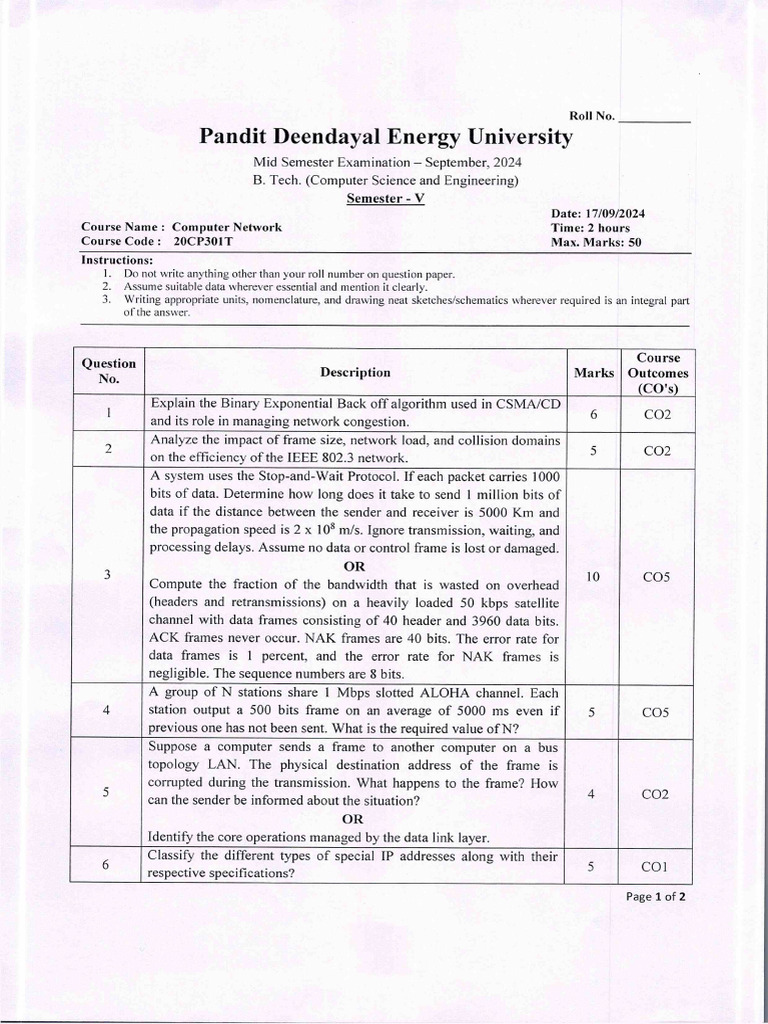 Computer Networks Mid-Sem Exam 2024 | PDF | Computer Network | Computer ...