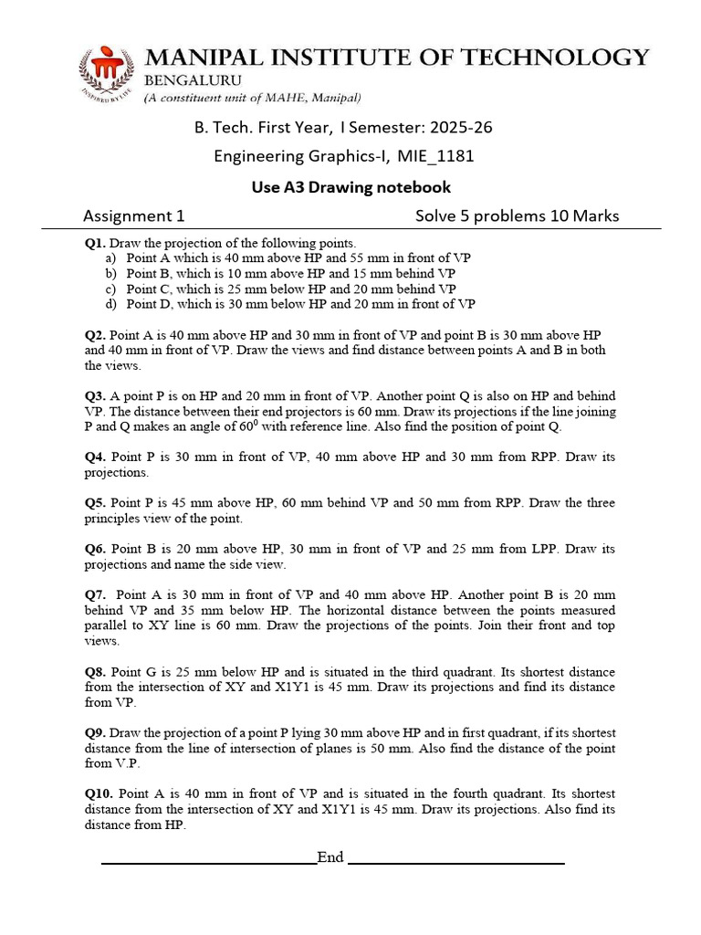 Engineering Graphics Assignment 2025-26 | PDF