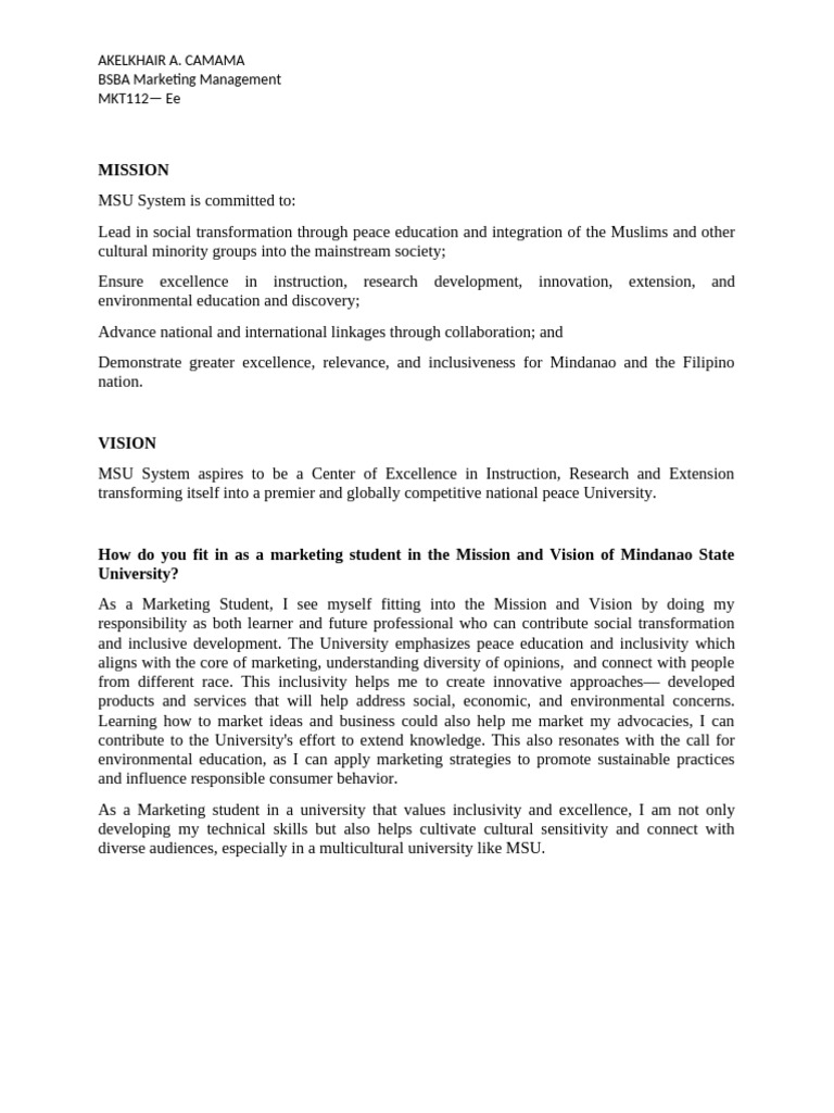 MKT105 Mission Vision | PDF