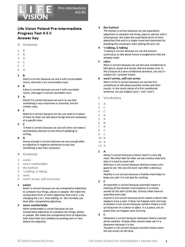 Life Vision Poland Pre-Intermediate Answer Key | PDF | Noun | Weather
