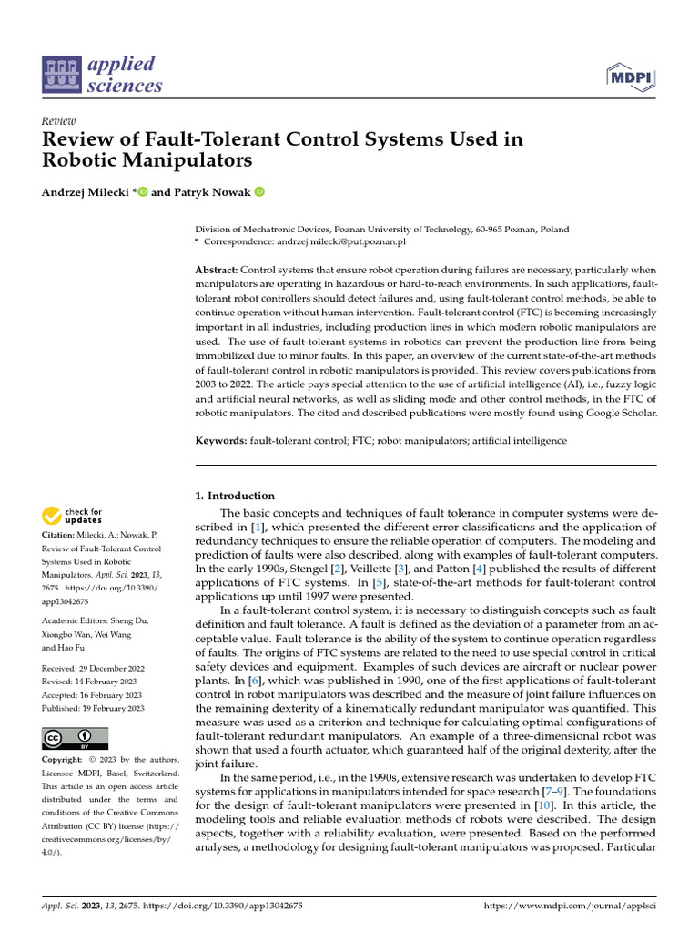 Review of Fault-Tolerant Control Systems Used in Robotic Manipulators ...