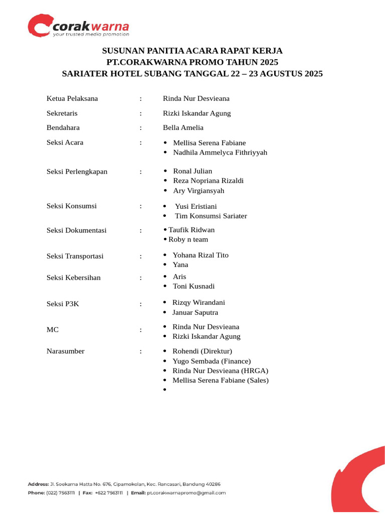 Susunan Panitia & Rundown Acara Raker 2025 | PDF