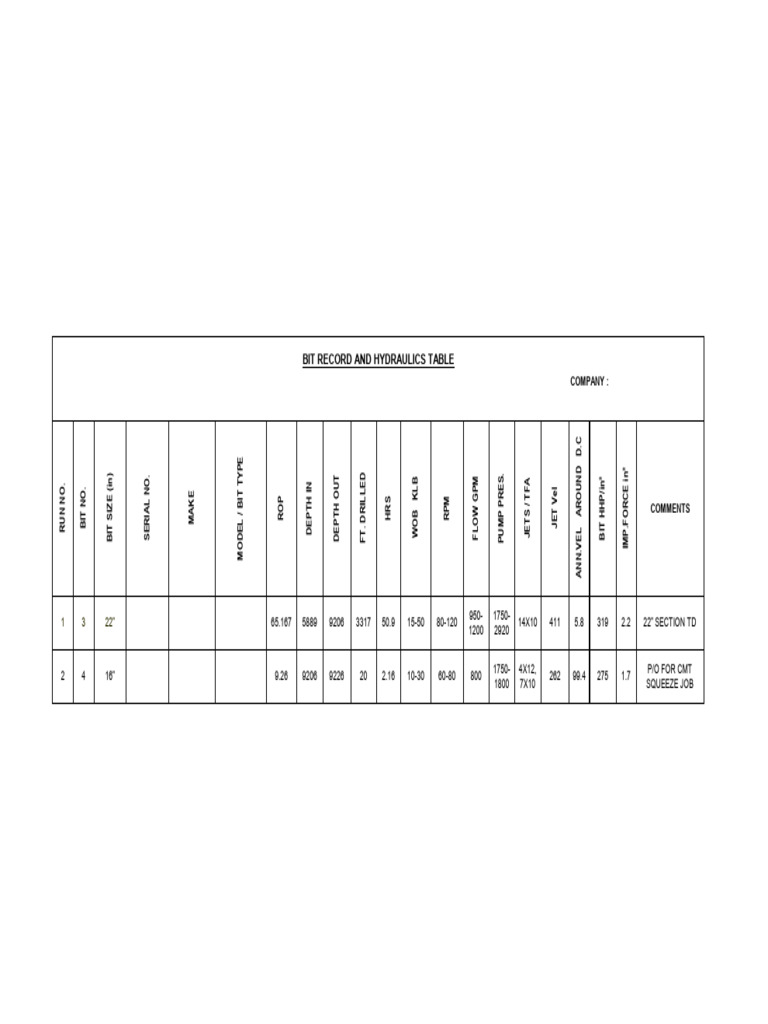 Bit Record and Hydraulics Data Table | PDF