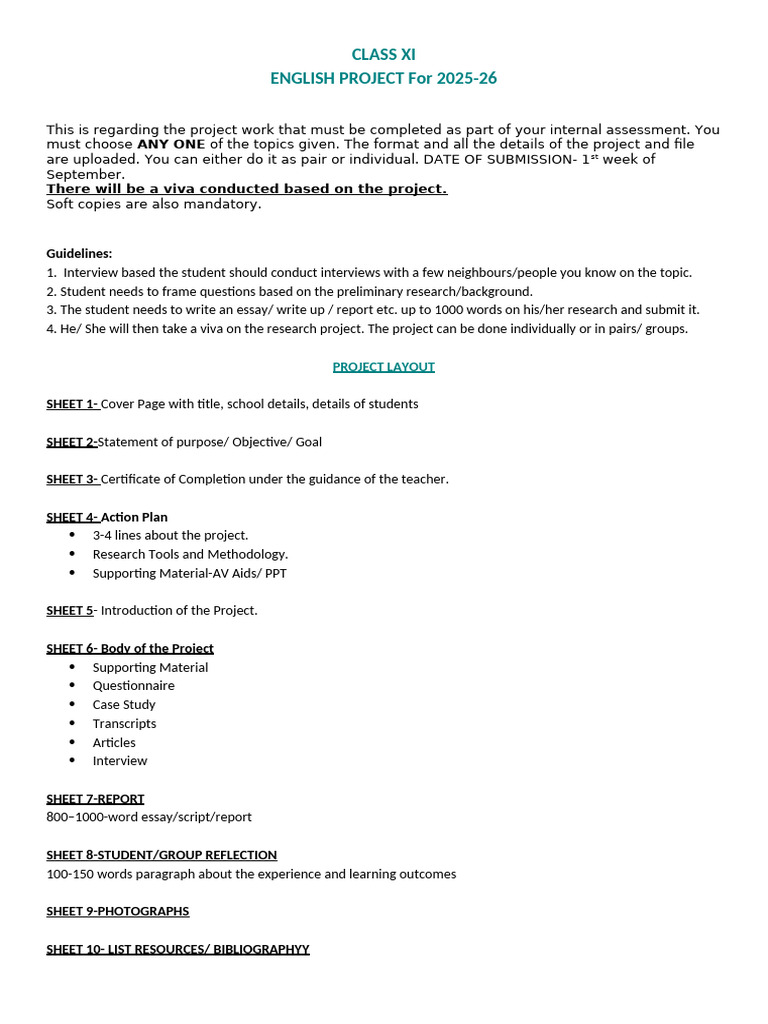 Class XI English Project Guidelines 2025-26 | PDF