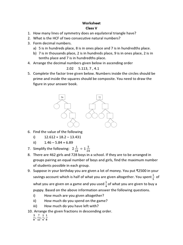 Class V Math Worksheet: Symmetry, Decimals, Fractions | PDF