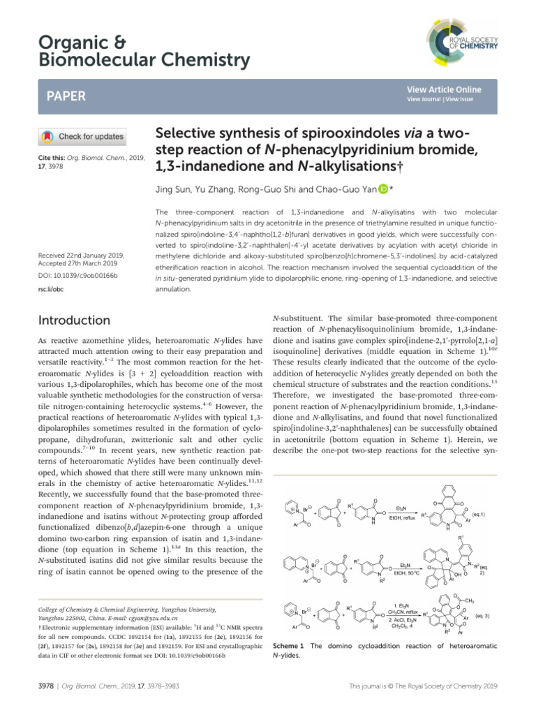 Selective Synthesis of Spirooxindoles | PDF | Chemical Reactions ...