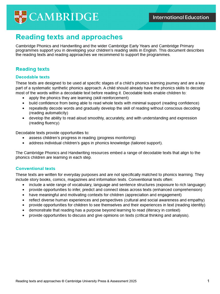 Reading Texts and Approaches Guide | PDF | Phonics | Reading Comprehension