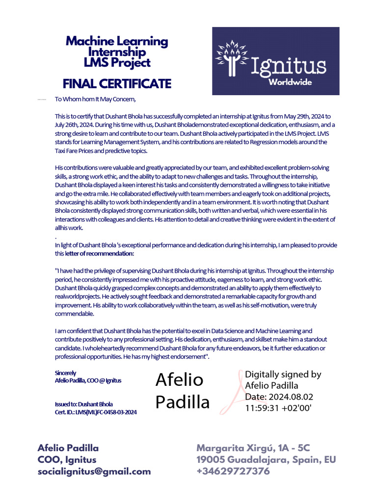 Internship Certificate for Dushant Bhola | PDF | Machine Learning | Skill
