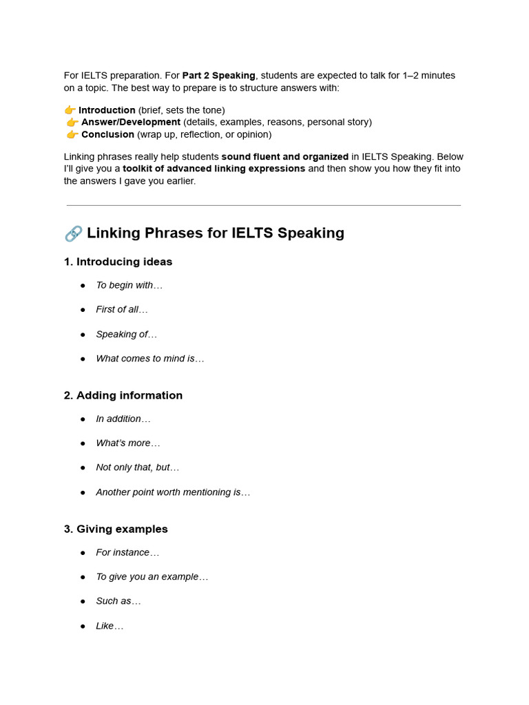 IELTS Speaking Part 2: Linking Phrases Guide | PDF | Newspapers