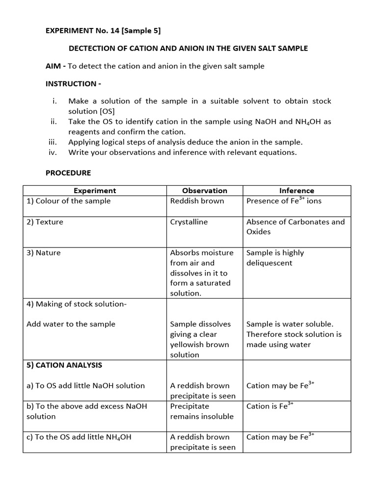 Chemistry Experiment 14 | PDF | Ion | Salt (Chemistry)