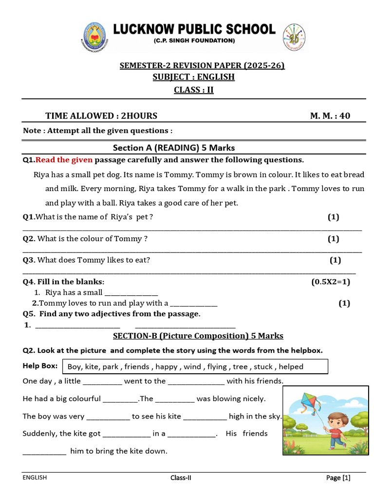 Class II English Semester 2 Revision Paper | PDF | Grammatical Gender ...