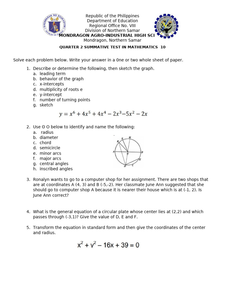 Math 10 Quarter 2 Summative Test | PDF