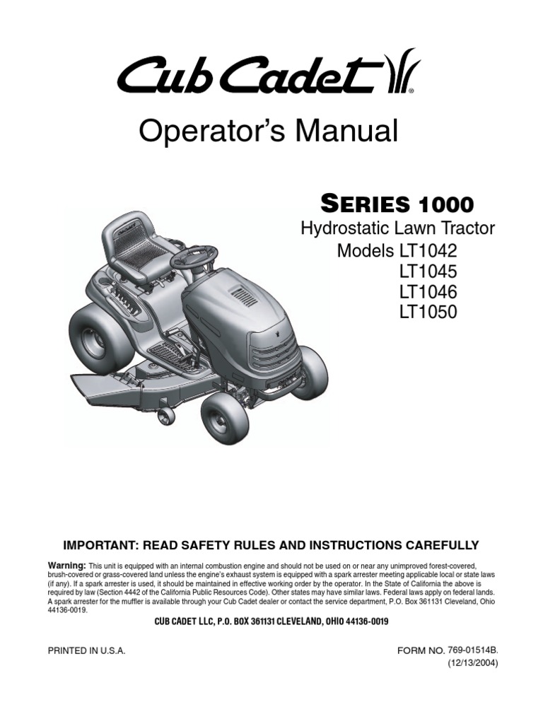 cub cadet user manual lt1042 lt1045 lt1046 lt1050 tractor mower rh scribd  com cub cadet lt1050 parts diagram cub cadet lt1050 parts diagram