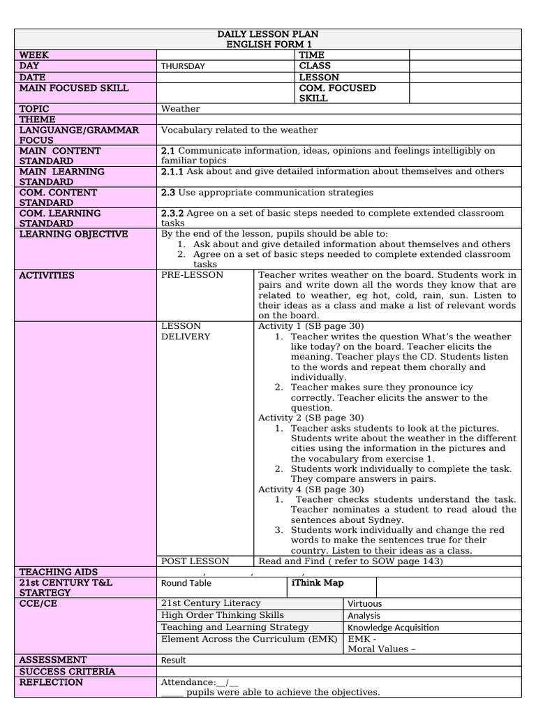 English Lesson Plan: Weather Vocabulary | PDF | Lesson Plan | Teachers