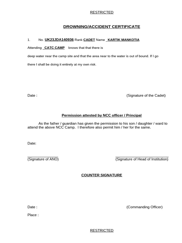 NCC Camp Risk and Consent Certificate | PDF