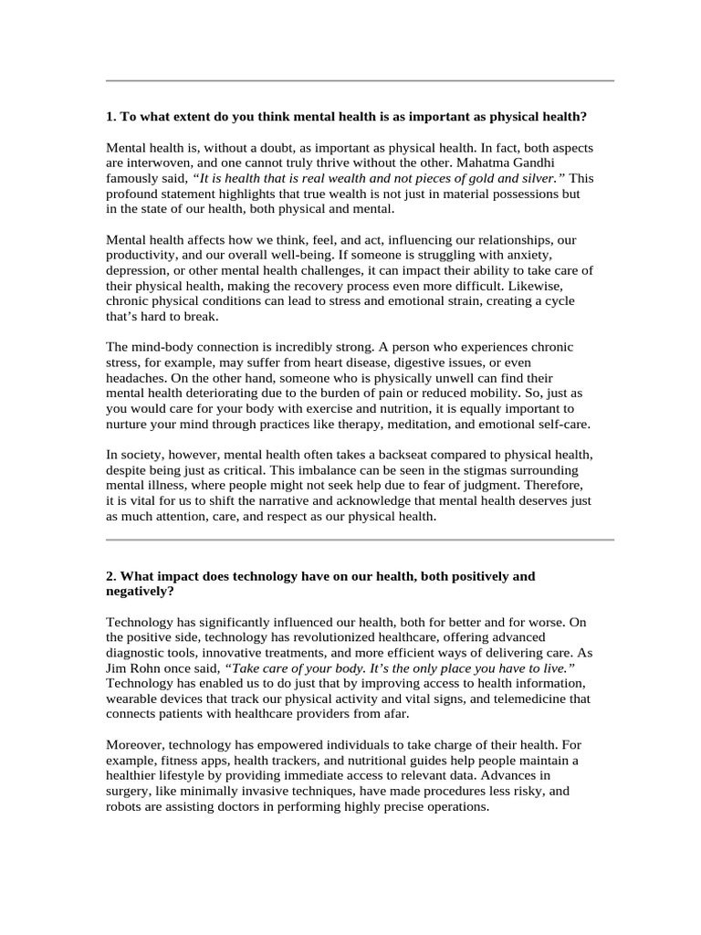 Importance of Mental and Physical Health | PDF | Mental Health | Health ...