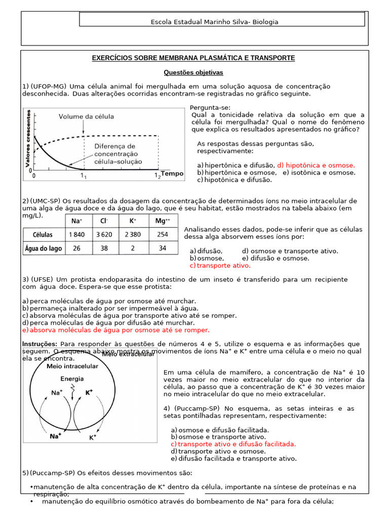 Exercícios Membrana Plasmática | PDF | Osmose | Membrana celular