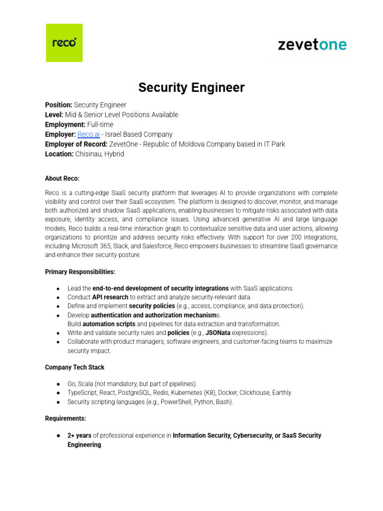 JD - Security Engineer - Reco | PDF | Software As A Service | Software ...