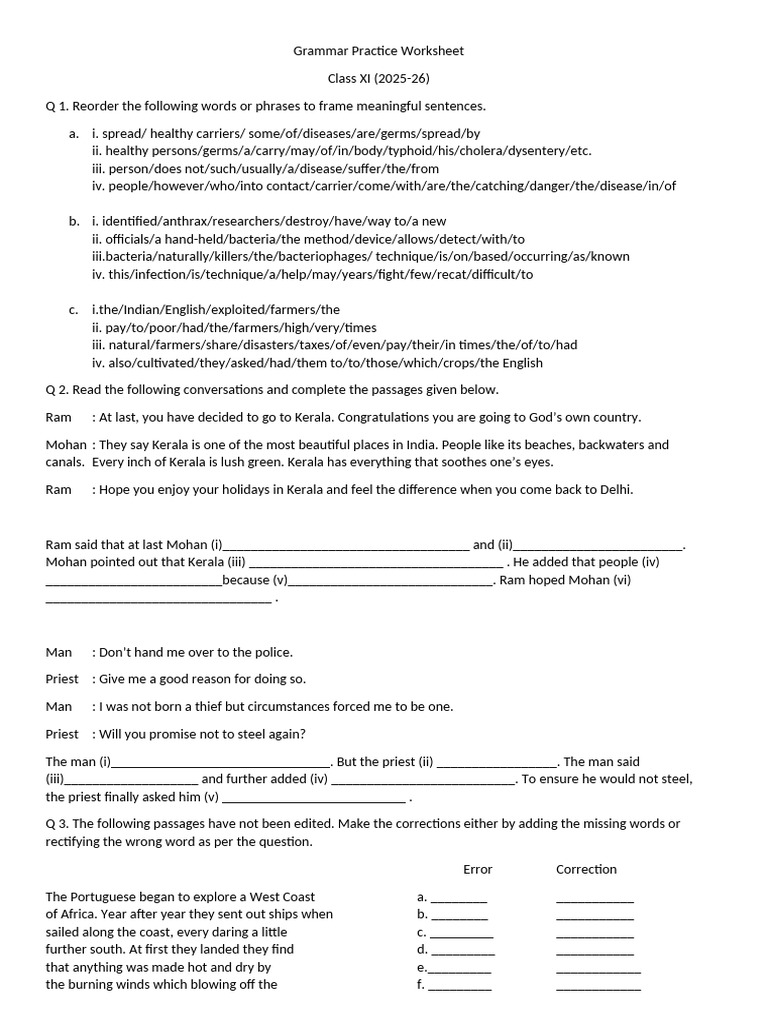 Class 11 English Grammar Practice PDF | PDF