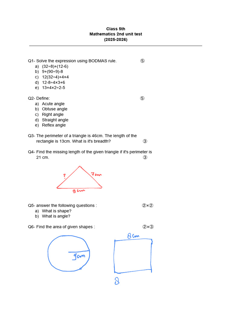 Class 5 Math Unit Test: BODMAS & Angles | PDF