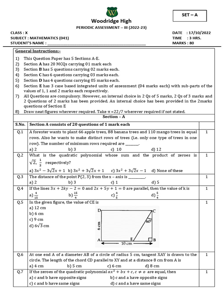 Pt 3 Maths x Set A | PDF | Circle | Equations