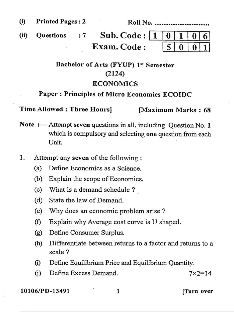 BA FYUP 1st Sem ECOIDC Economics Paper Princiaples of Micro Economics ...