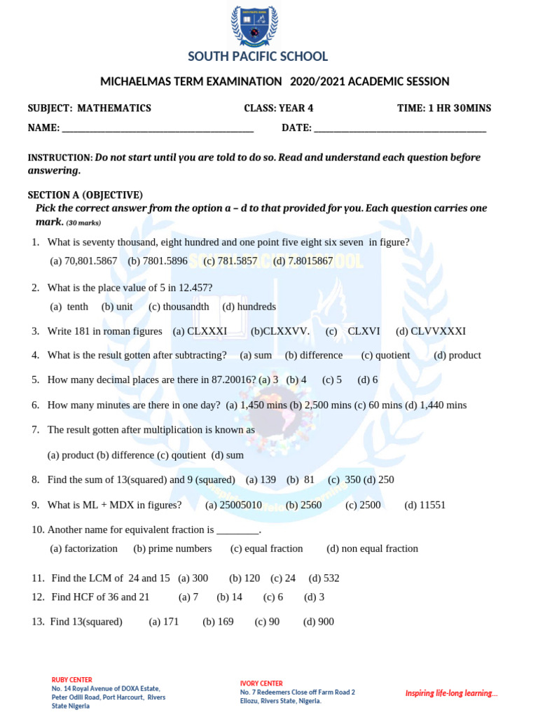 Year 4 Mathematics Exam Paper 2020/21 | PDF | Multiplication | Mathematics