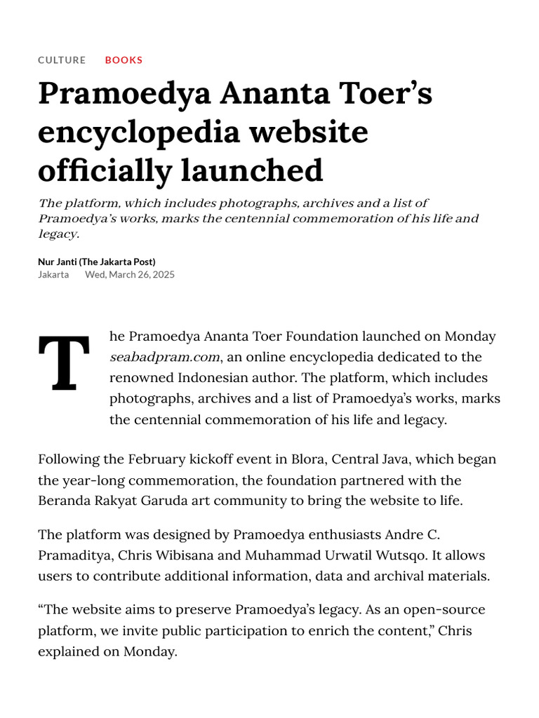 Pramoedya Ananta Toer's Encyclopedia Website Officially Launched ...