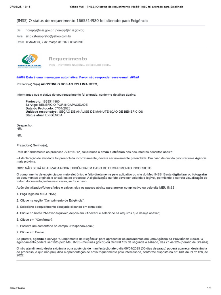 Status do Requerimento INSS Alterado | PDF