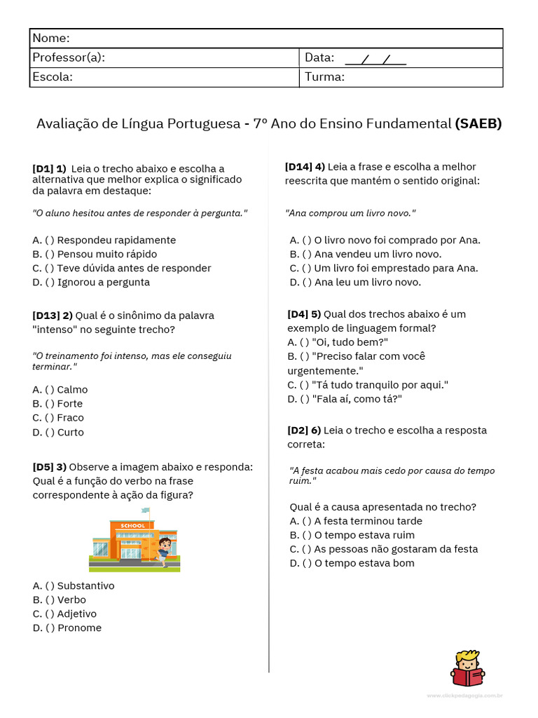 Simulado de Português - 7º Ano SAEB | PDF | Assunto (gramática ...