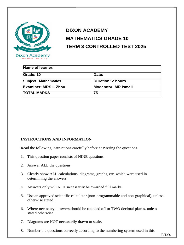 Grade 10 Maths Term 3 Test Paper | PDF